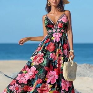 Floral Maxi Dress - Black and Pink